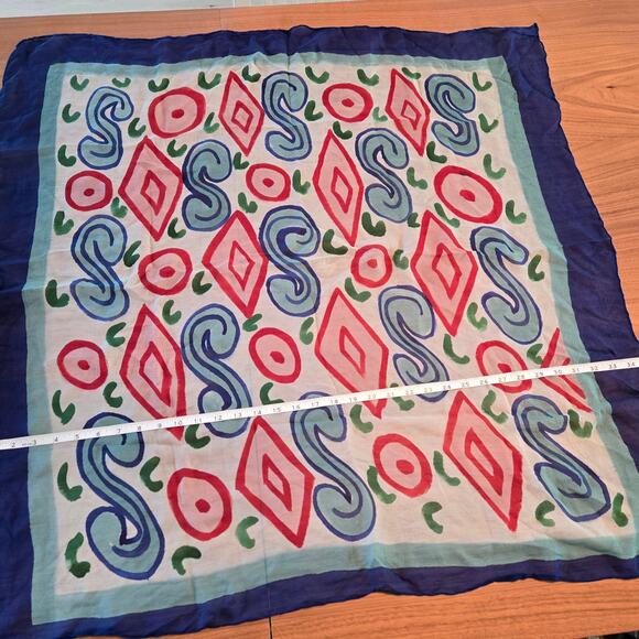 Silk Square Scarf Bordered Blue Pink Geometric 25 x 25 wearable art abstract - Picture 4 of 5